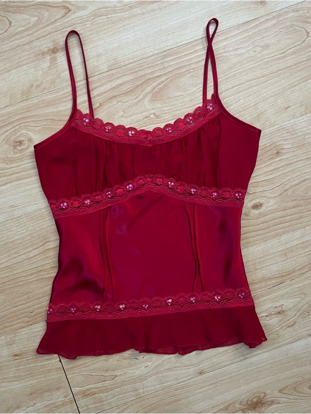 Vintage Y2K Red Satin Babydoll Cami Tank Top Lace Fairy Goth Beaded Size L
